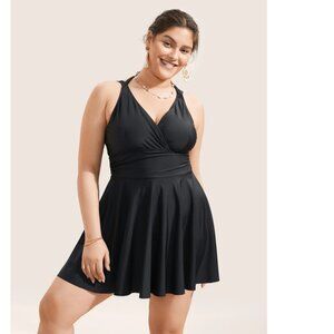 Solid Ruffle Hem Empire Waist Halter Neck Swim Dress